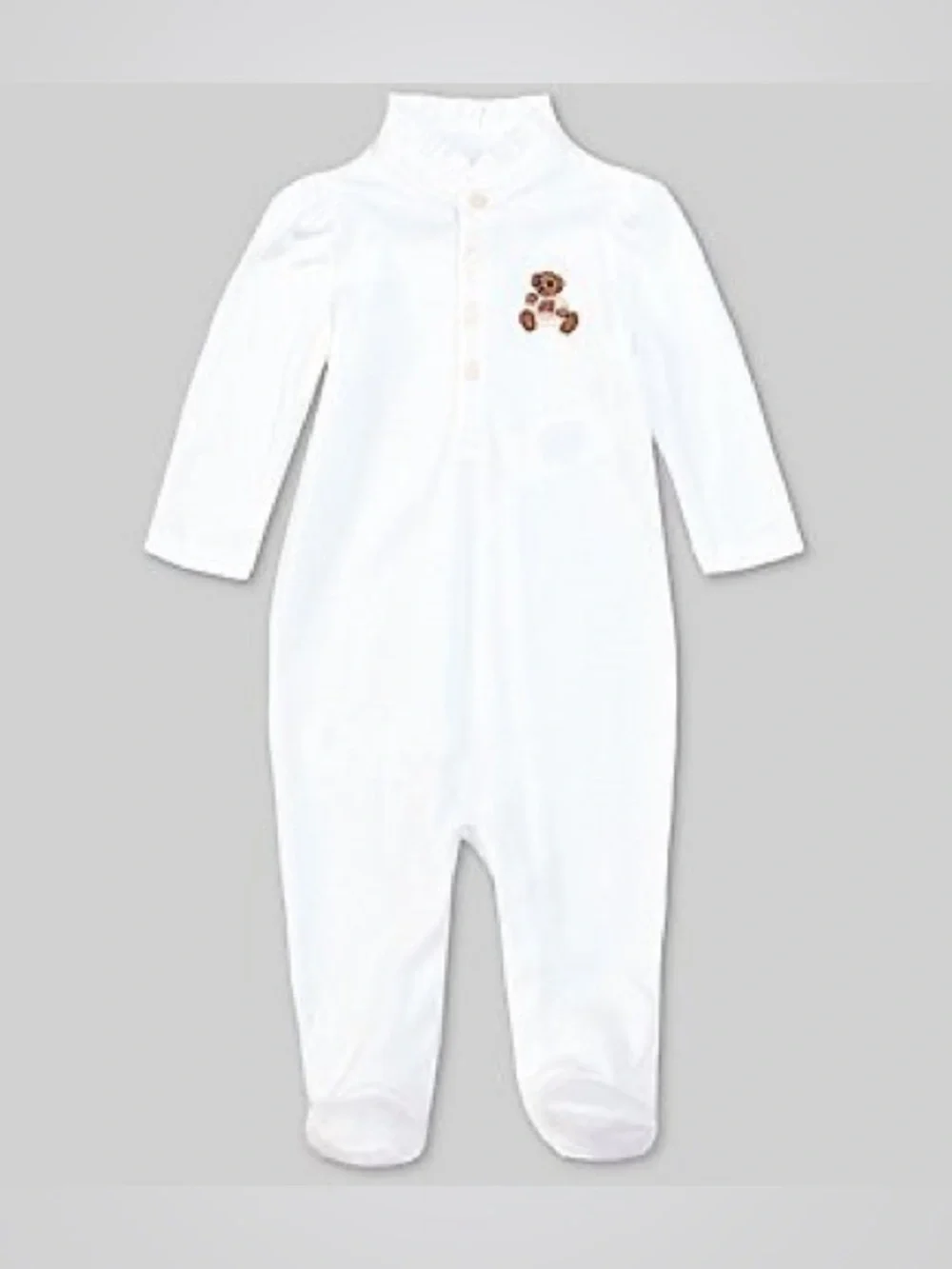 Ralph Lauren Baby Embroidered Polo Bear Footed Onesie Henley Ruffle Trim White